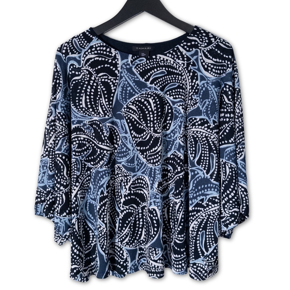 Tahari Blouse Womens Medium Black 3/4‎ Sleeve Abstract Print Semi-Formal Casual